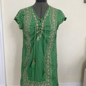 Beautiful green and gold coverup with a criss cross tie front!